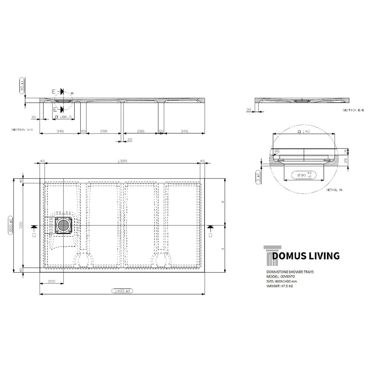 Domus Living Cemento 800X1400 Shower Floor in Bianco (Matte White)