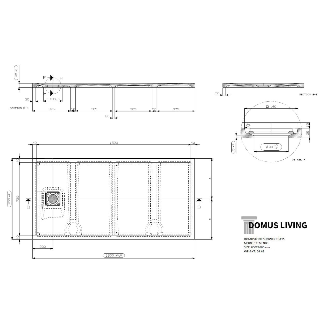 Domus Living Cemento 800X1600 Shower Floor in Bianco (Matte White)