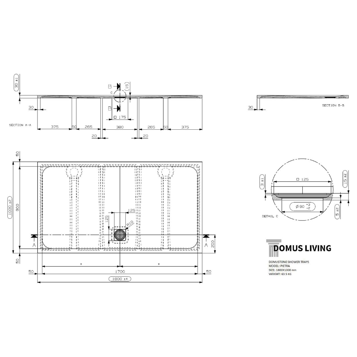 Domus Living Pietra 1800X1000 Shower Floor in Bianco (Matte White)