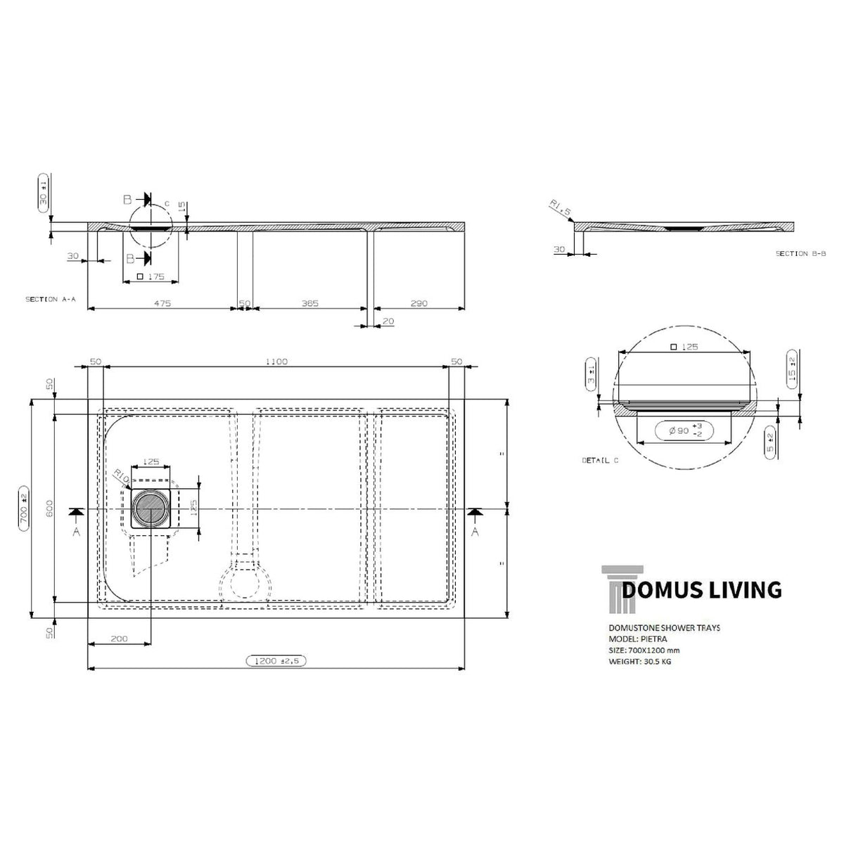 Domus Living Pietra 700X1200 Shower Floor in Bianco (Matte White)