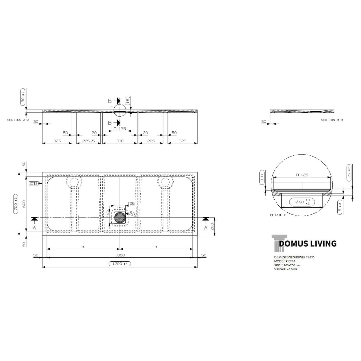 Domus Living Pietra 1700X700 Shower Floor in Nero (Matte Black)