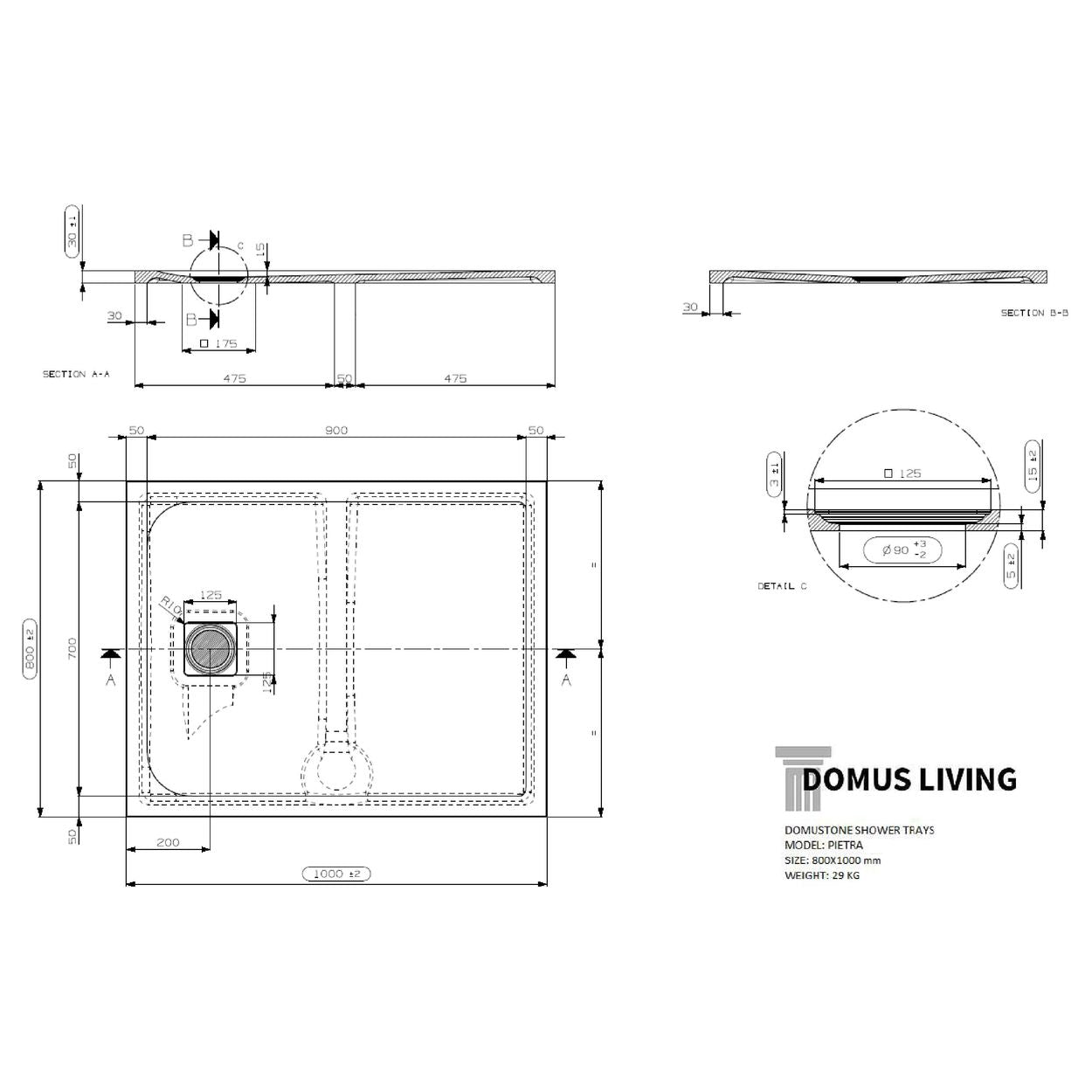 Domus Living Pietra 800X1000 Shower Floor in Grigio (Matte Grey)