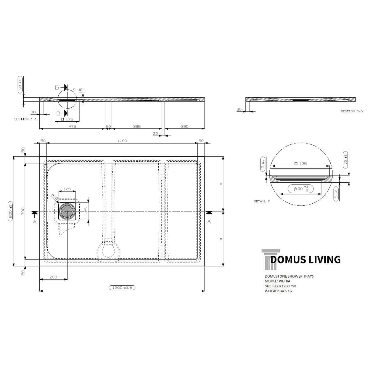 Domus Living Pietra 800X1200 Shower Floor in Nero (Matte Black)