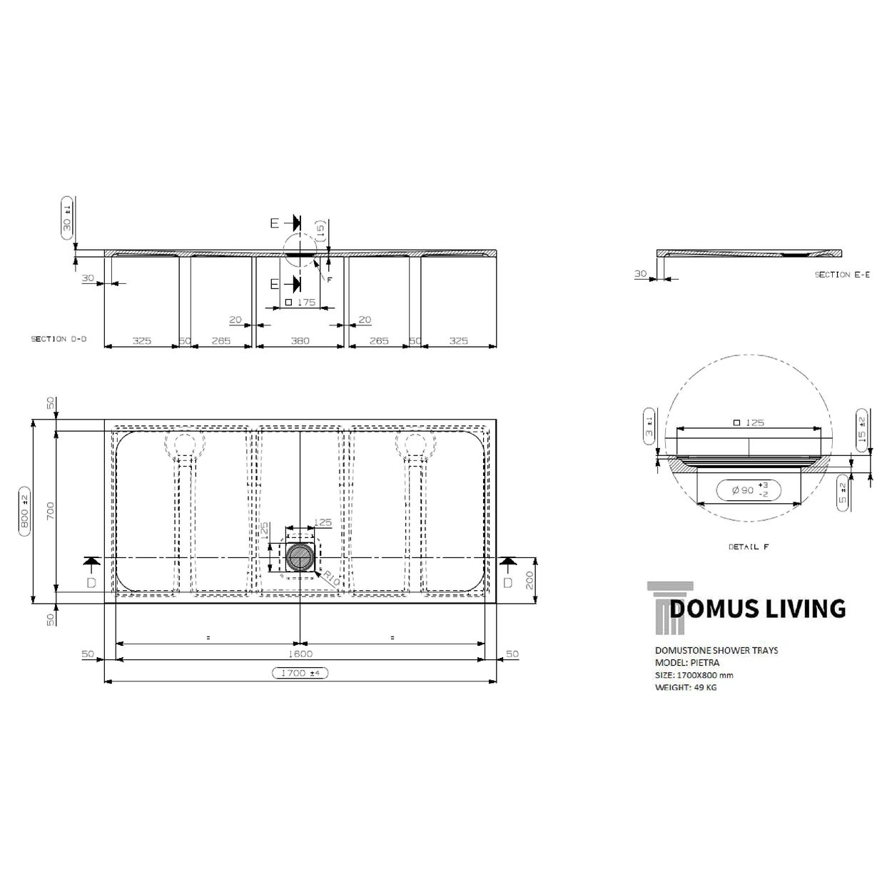 Domus Living Pietra 1700X800 Shower Floor in Nero (Matte Black)
