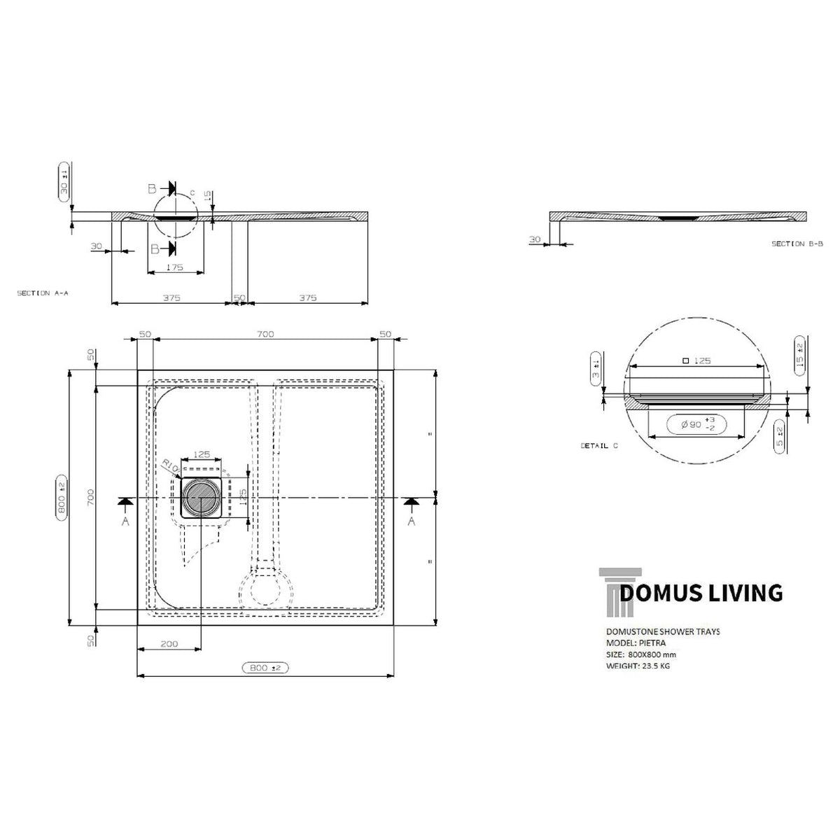 Domus Living Pietra 800X800 Shower Floor in Matte Cappuccino