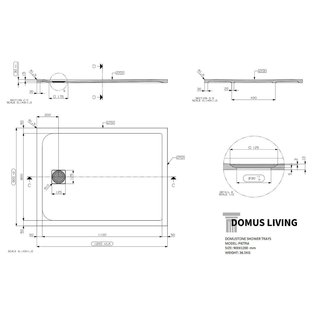 Domus Living Pietra 900X1200 Shower Floor in Bianco (Matte White)
