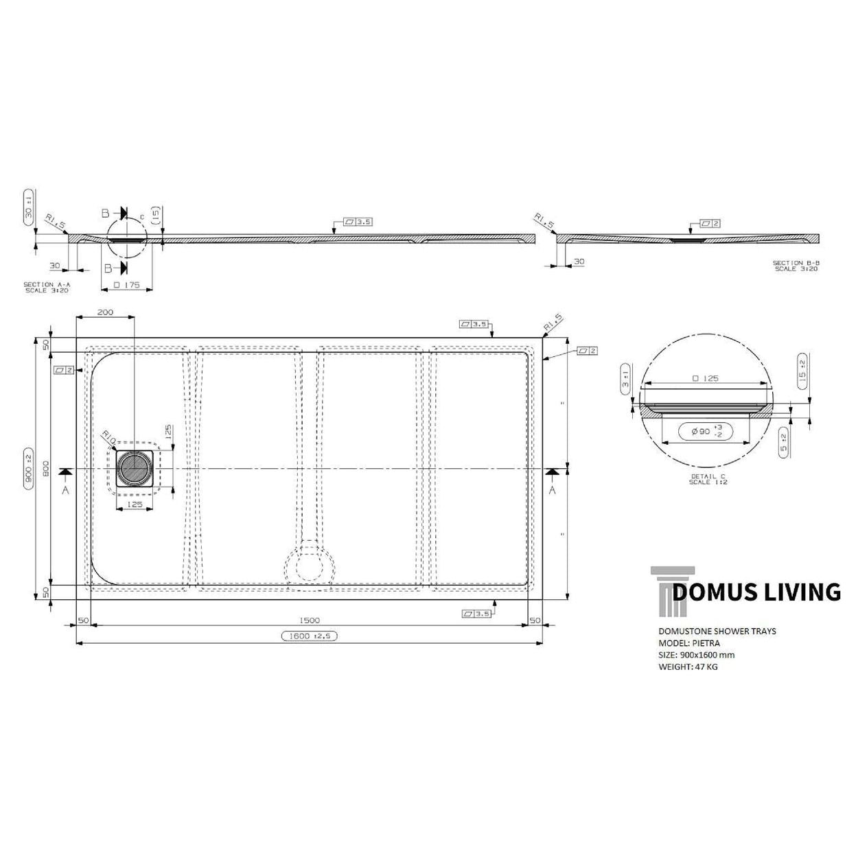 Domus Living Pietra 900X1600 Shower Floor in Bianco (Matte White)
