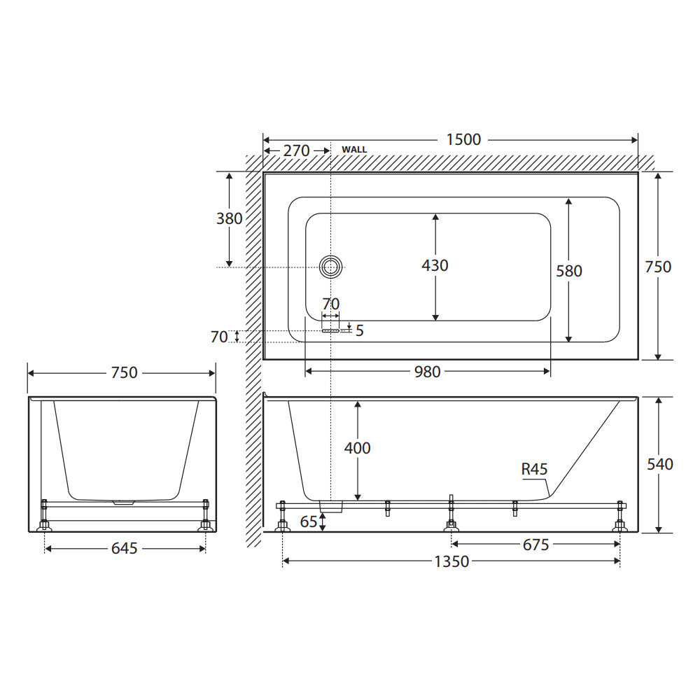 Sentor Right-Hand Acrylic Corner Bath with Overflow, 1500mm