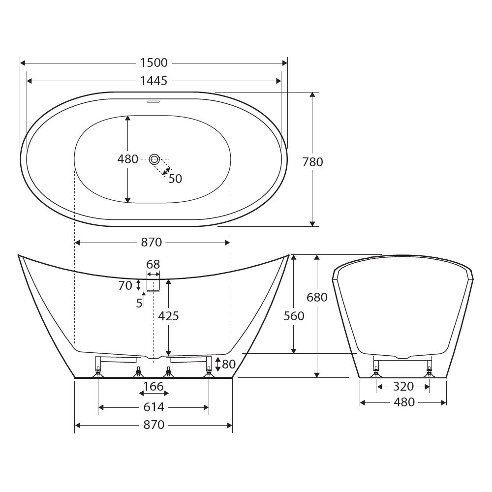 Paola Freestanding Acrylic Bath with Overflow, 1500mm