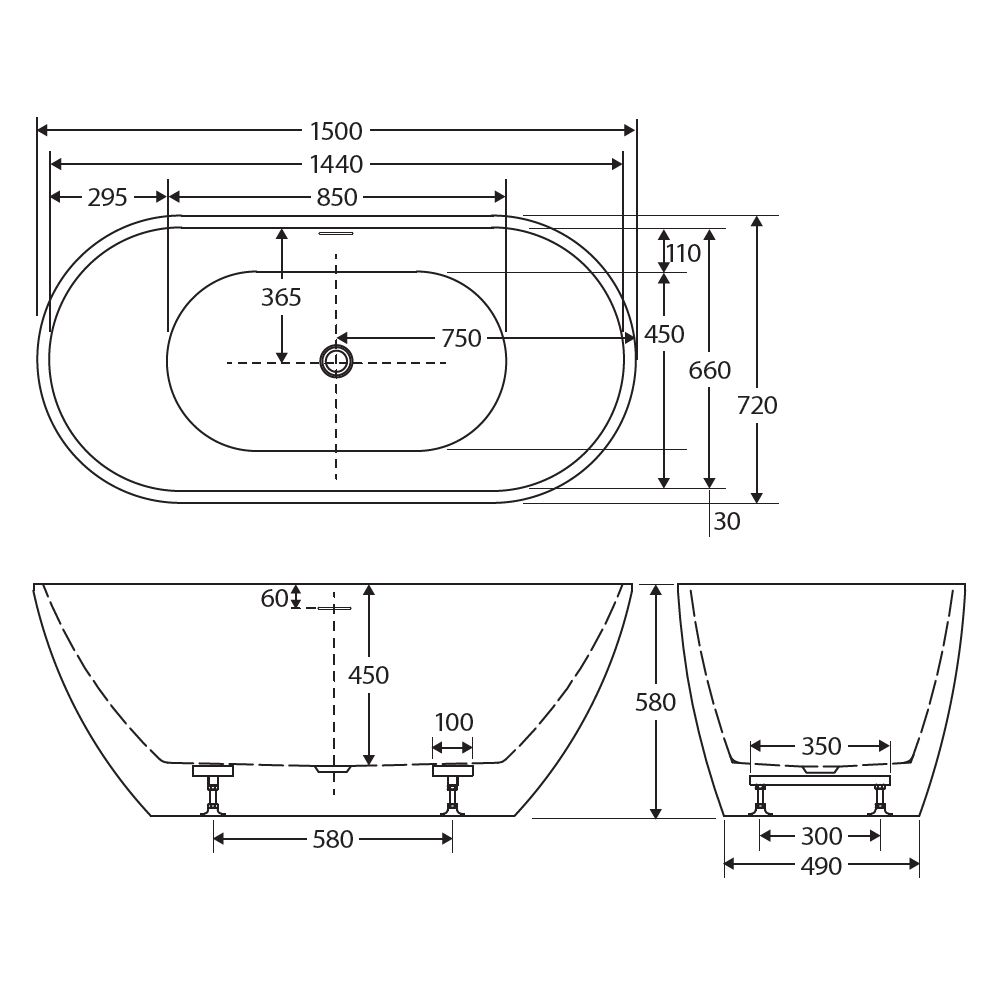Koko Freestanding Acrylic Bath, 1500mm with Overflow, Matte White
