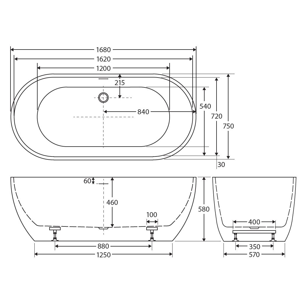 Koko Freestanding Acrylic Bath, 1680mm with Overflow, Gloss White