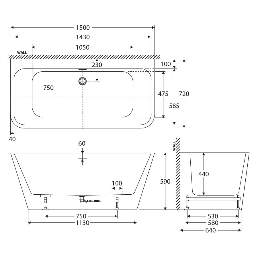 Delta Back-To-Wall Acrylic Bath with Overflow, Gloss White, 1500mm