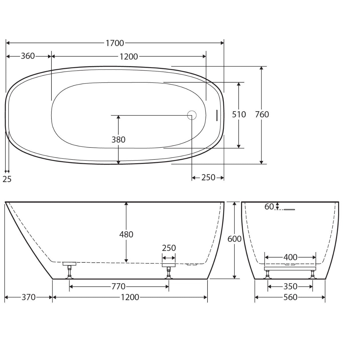 Athenia Freestanding Acrylic Bath with Overflow, 1700mm