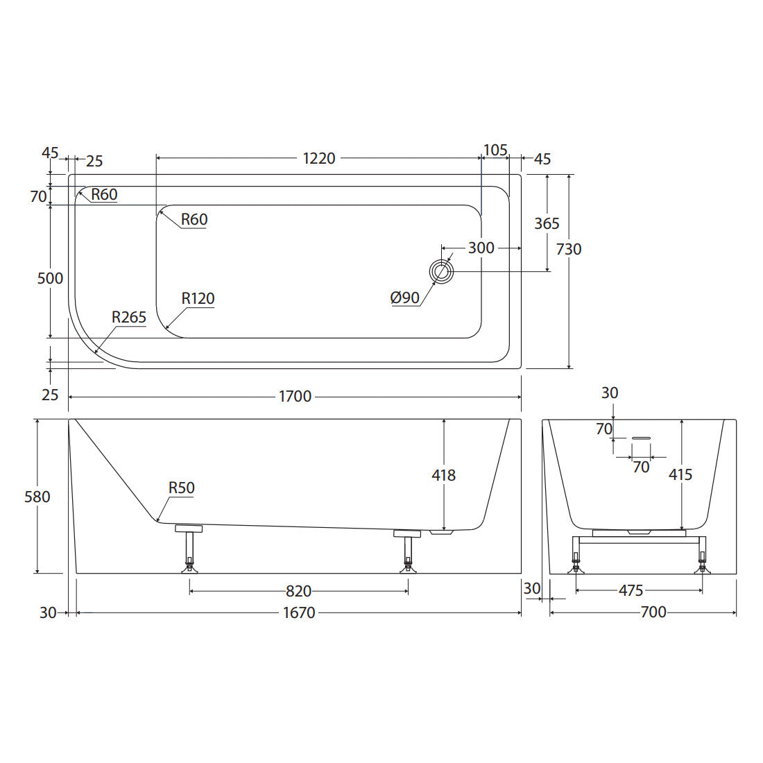 Hustle Left-Hand Multi-Fit Acrylic Bath with Overflow, 1700mm
