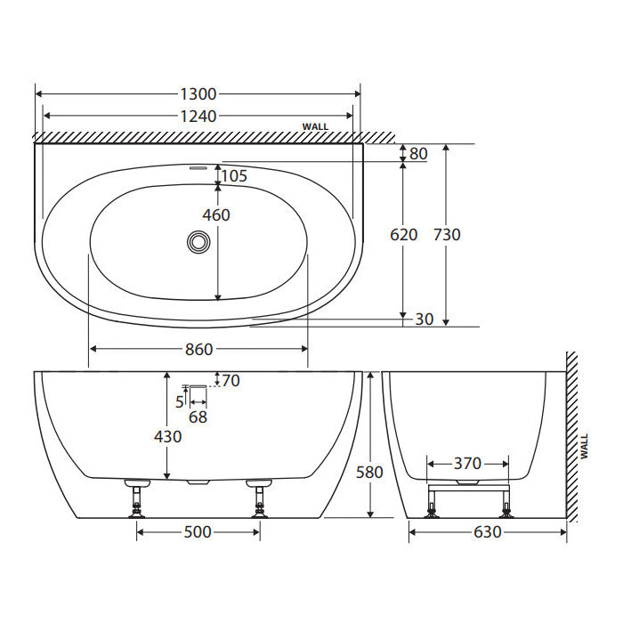 Keeto Back-To-Wall Acrylic Bath with Overflow, 1300mm
