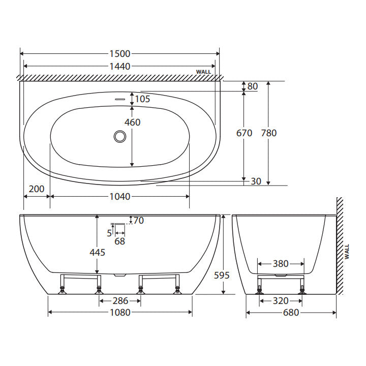 Keeto Back-To-Wall Acrylic Bath with Overflow, 1500mm