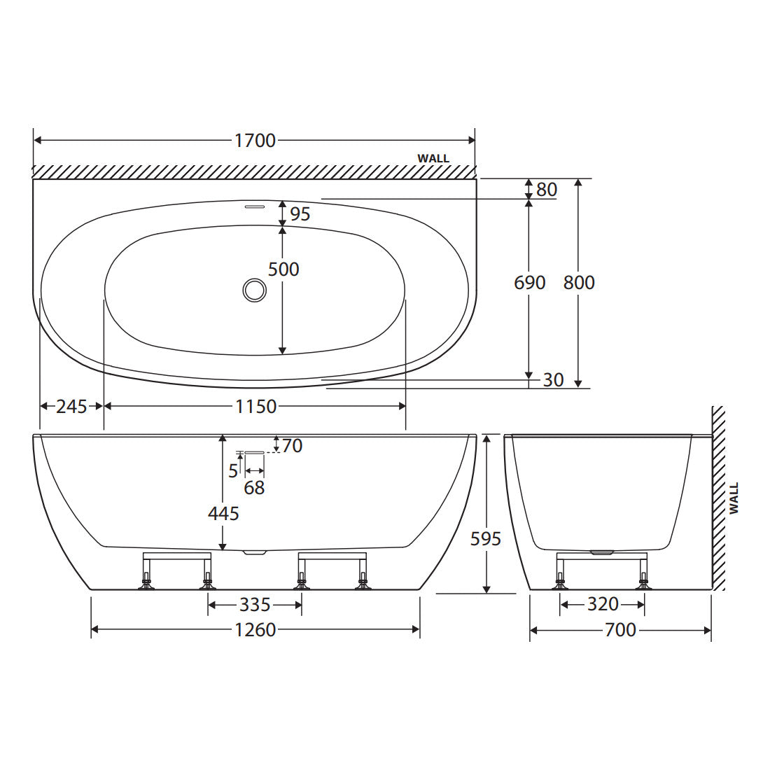 Keeto Back-To-Wall Acrylic Bath with Overflow, 1700mm