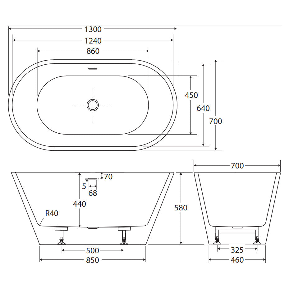 Austin Freestanding Acrylic Bath with Overflow, 1300mm