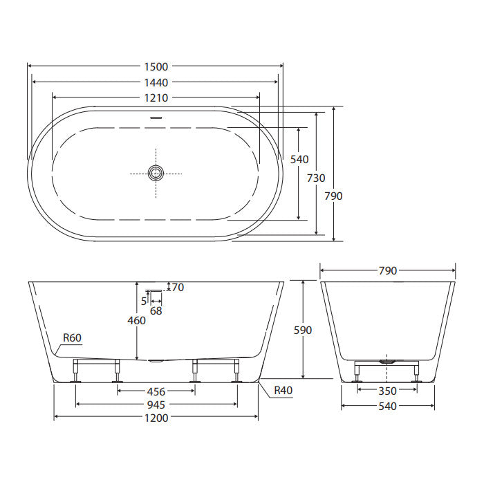 Austin Freestanding Acrylic Bath with Overflow, 1500mm