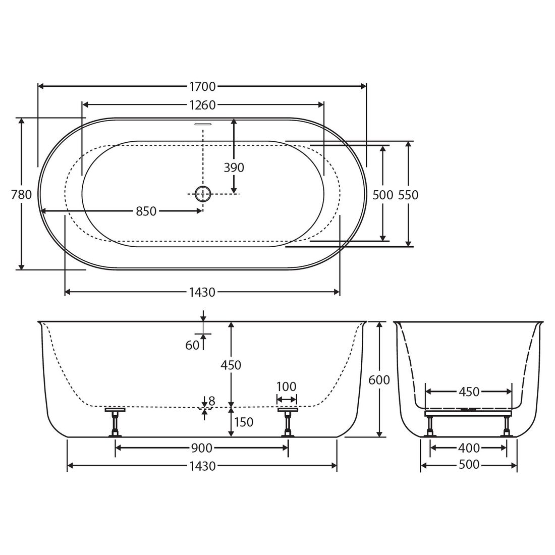Windsor Freestanding Acrylic Bath with Overflow, 1700mm, Gloss White