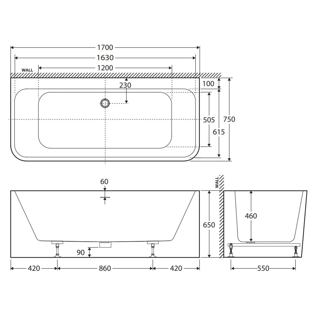 Delta Back-To-Wall Acrylic Bath with Overflow, 1700mm