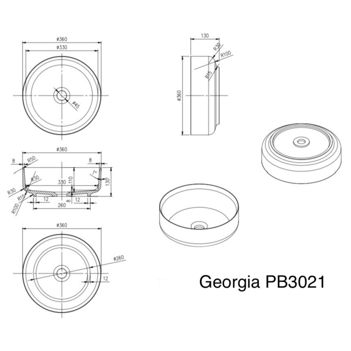 Georgia Above Counter Stone Basin - Matte White