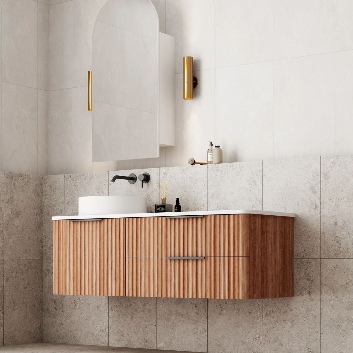 Gravity 1200mm Wall Hung Vanity in Natural Walnut - Right Hand Basin