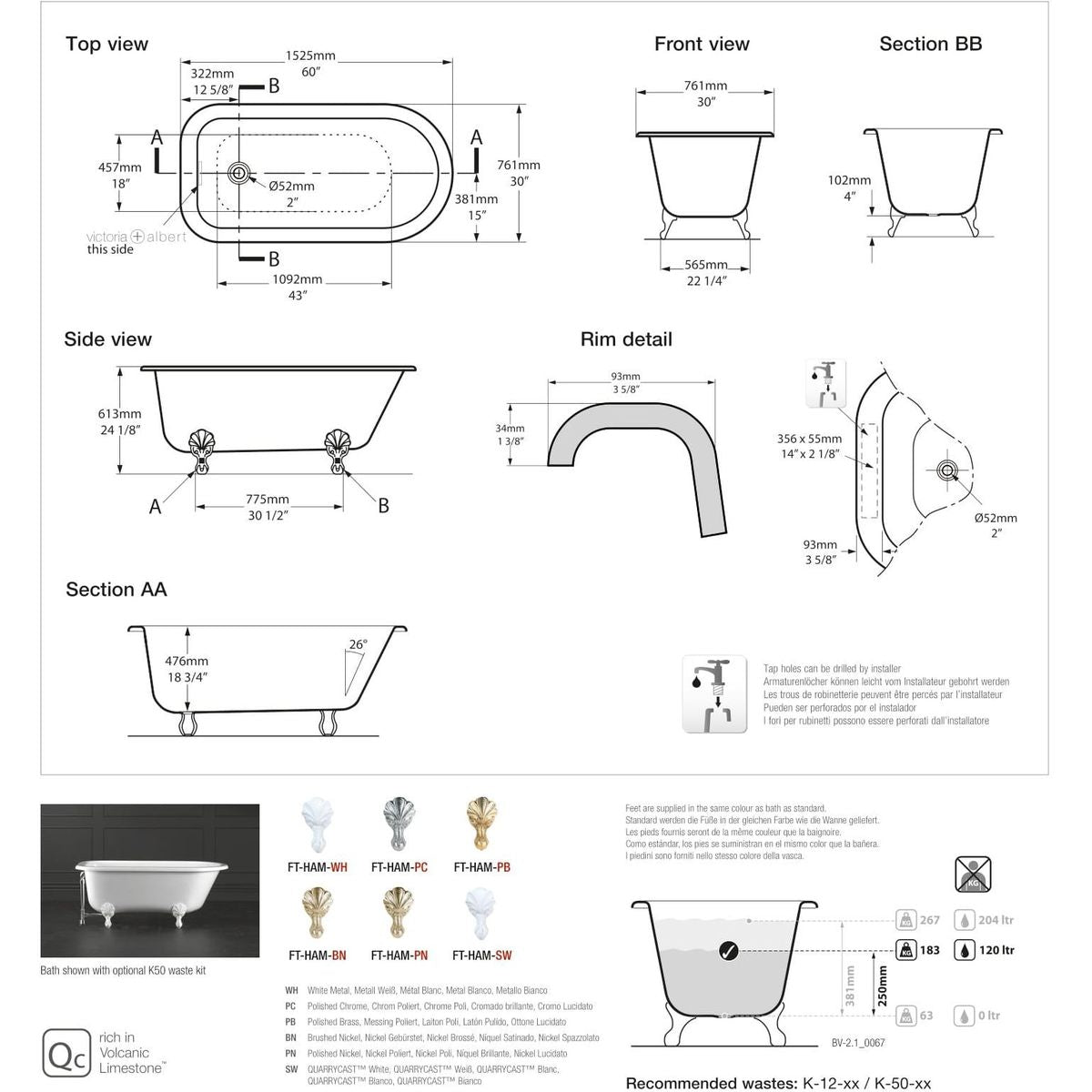Victoria + Albert Hampshire 1500 Bath, Quarrycast White Feet