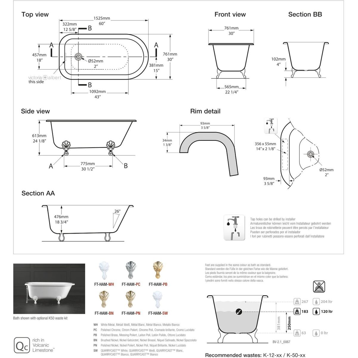 Victoria + Albert Hampshire 1500 Bath, White Metal Feet