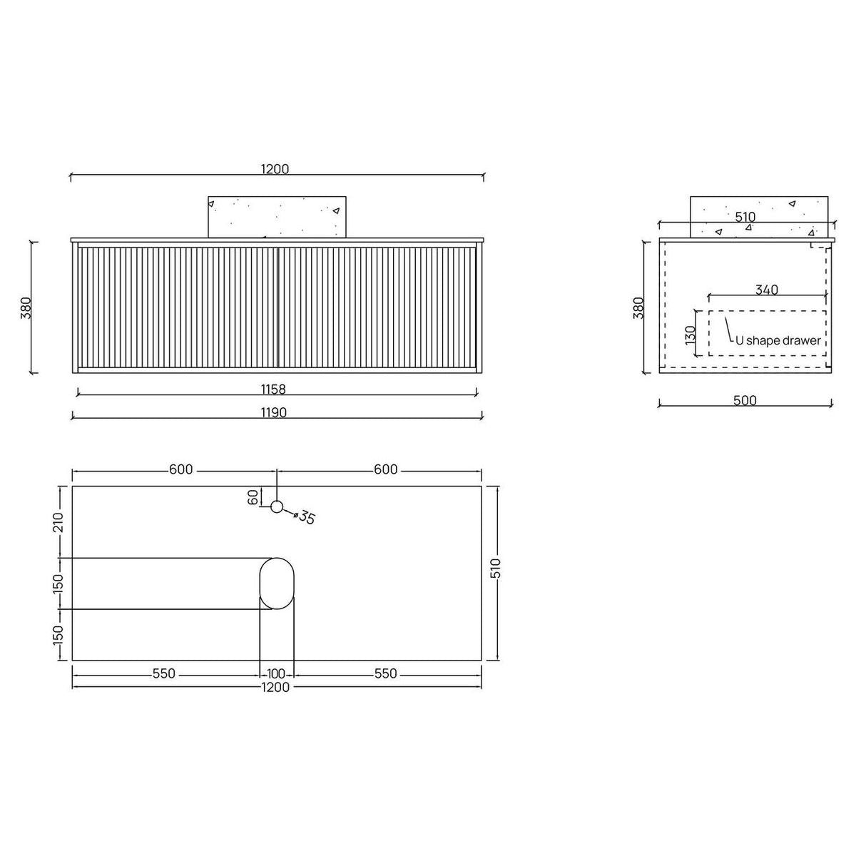 Ingrain Grooved Wall Hung Timber Veneer Vanity 1200mm Centre Bowl