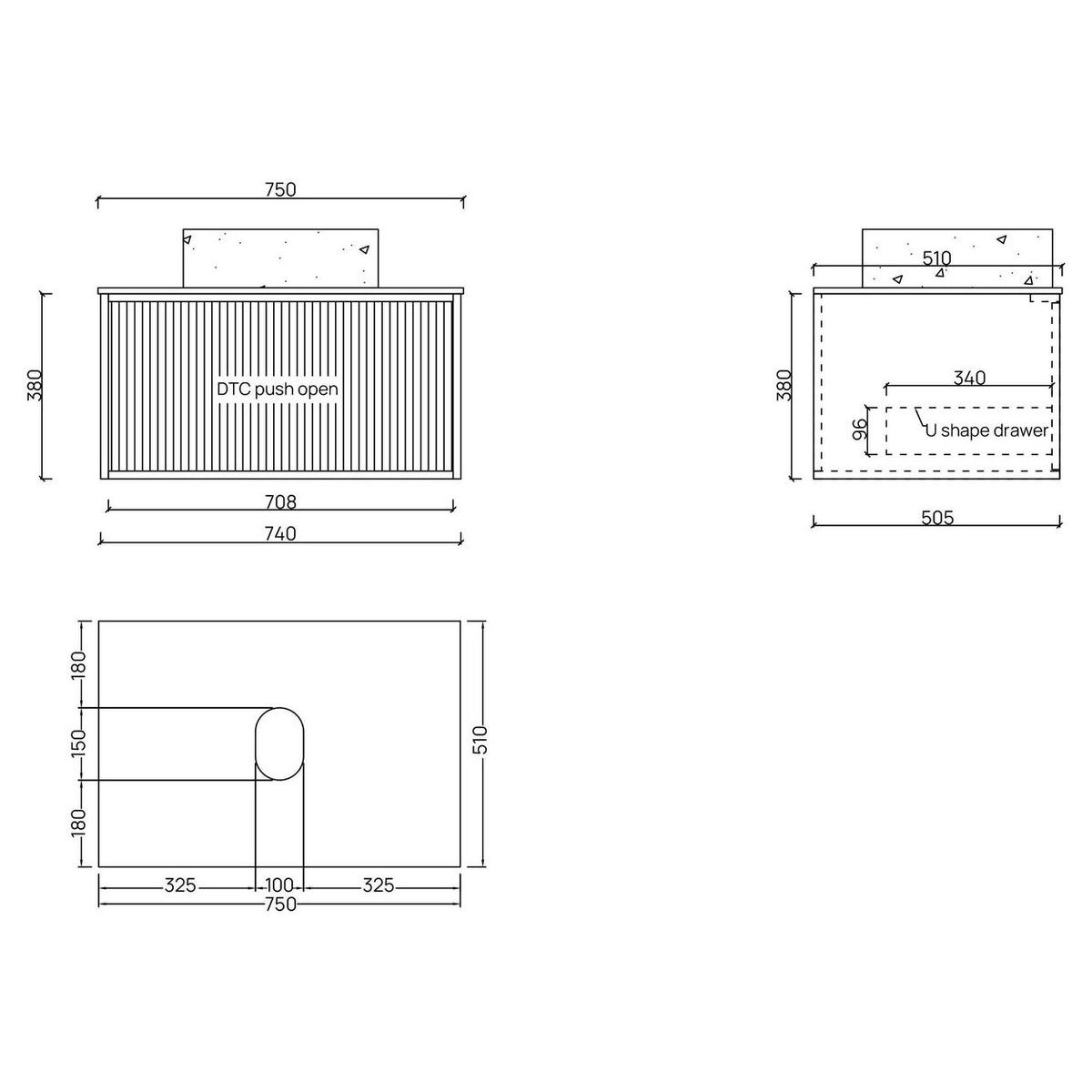 Ingrain Grooved Wall Hung Timber Veneer Vanity 750mm Centre Bowl