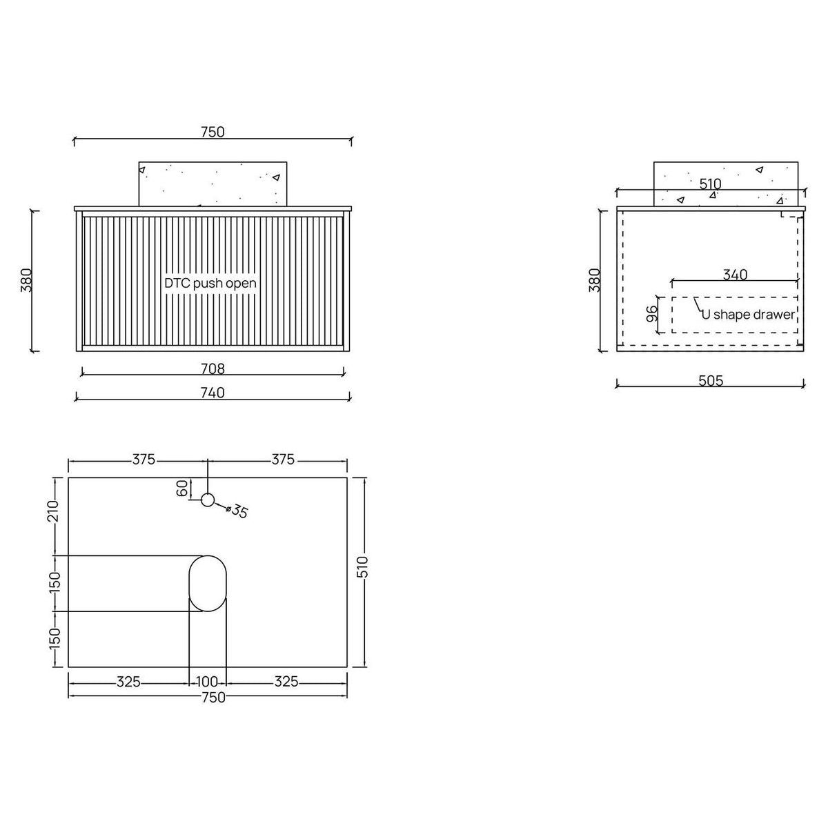 Ingrain Grooved Wall Hung Timber Veneer Vanity 750mm Centre Bowl