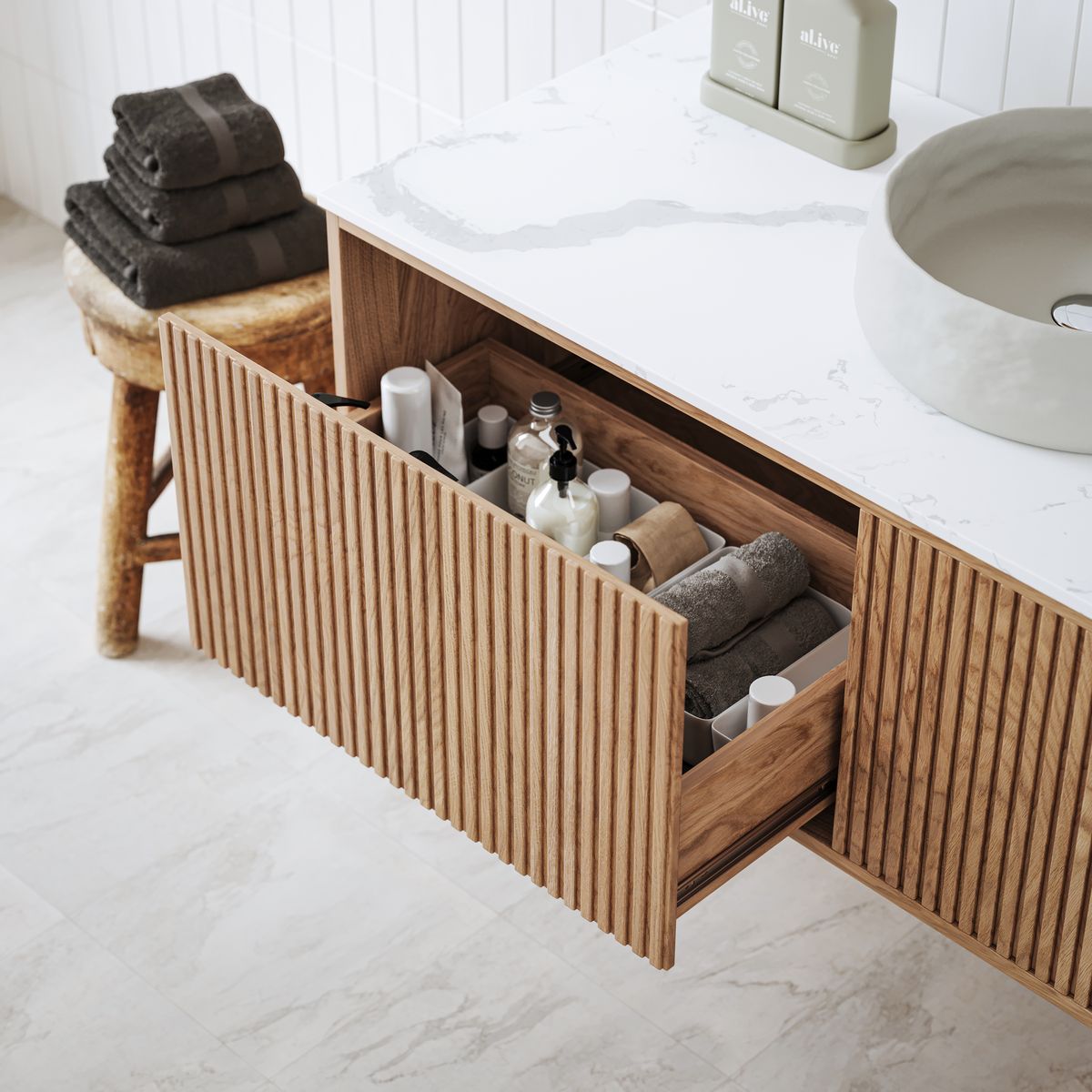 Ingrain Grooved Wall Hung Timber Veneer Vanity 1200mm Centre Bowl