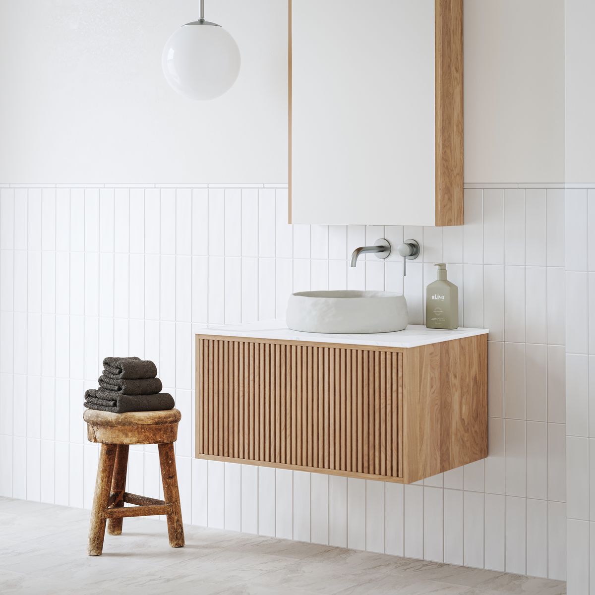 Ingrain Grooved Wall Hung Timber Veneer Vanity 750mm Centre Bowl