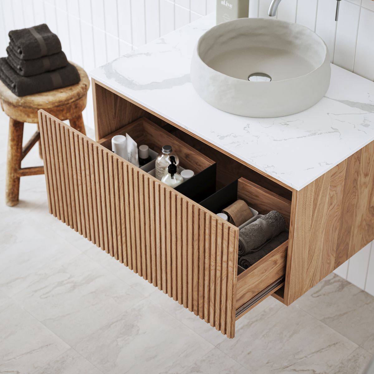 Ingrain Grooved Wall Hung Timber Veneer Vanity 750mm Centre Bowl