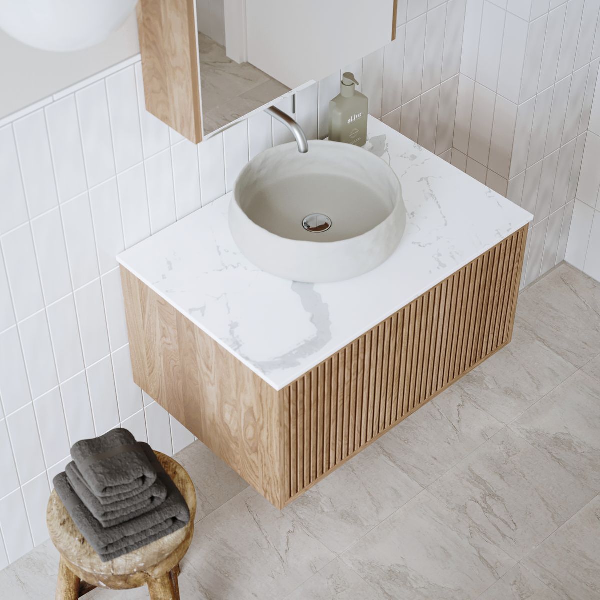 Ingrain Grooved Wall Hung Timber Veneer Vanity 750mm Centre Bowl