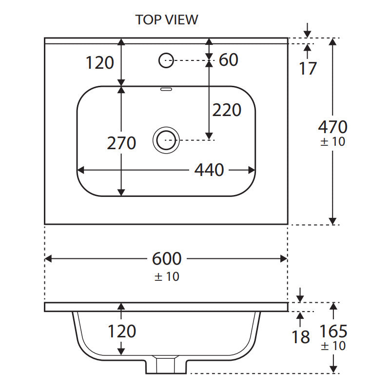 Joli Matte White Full Depth Ceramic Basin-Top 600 - 3 Tap Holes