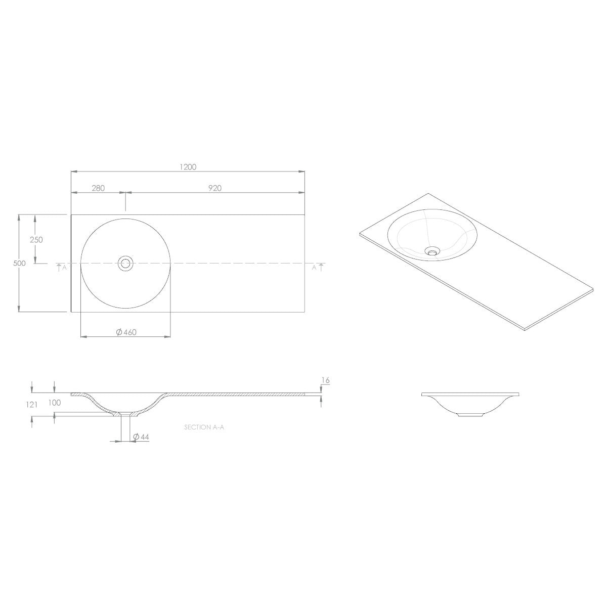 Snow Solid Surface Top 1200mm Offset Bowl in Gloss White