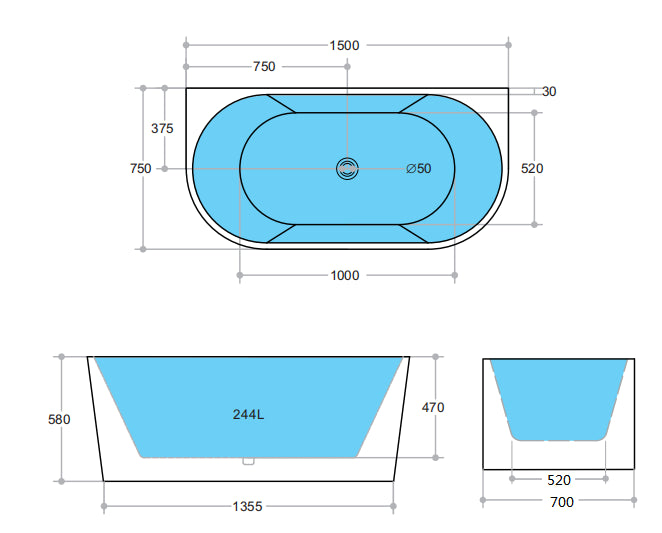 Soothe 1500mm Back to Wall Freestanding Bath
