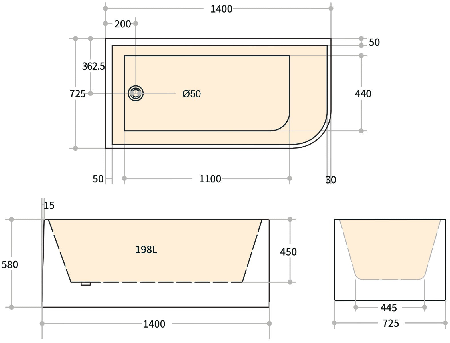 Calm 1400mm Left Corner Freestanding Bath