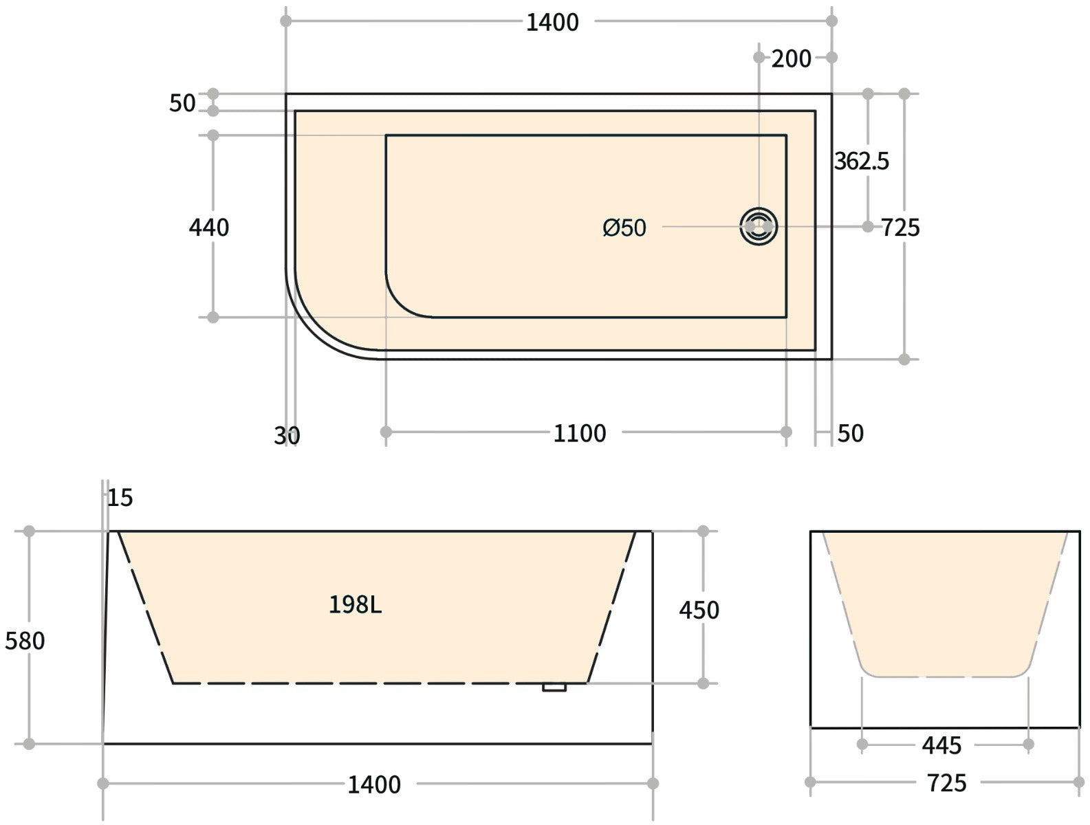 Calm 1400mm Right Corner Freestanding Bath
