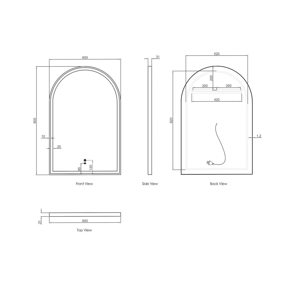 LED Archie 900X600 Black Metal Frame Mirror