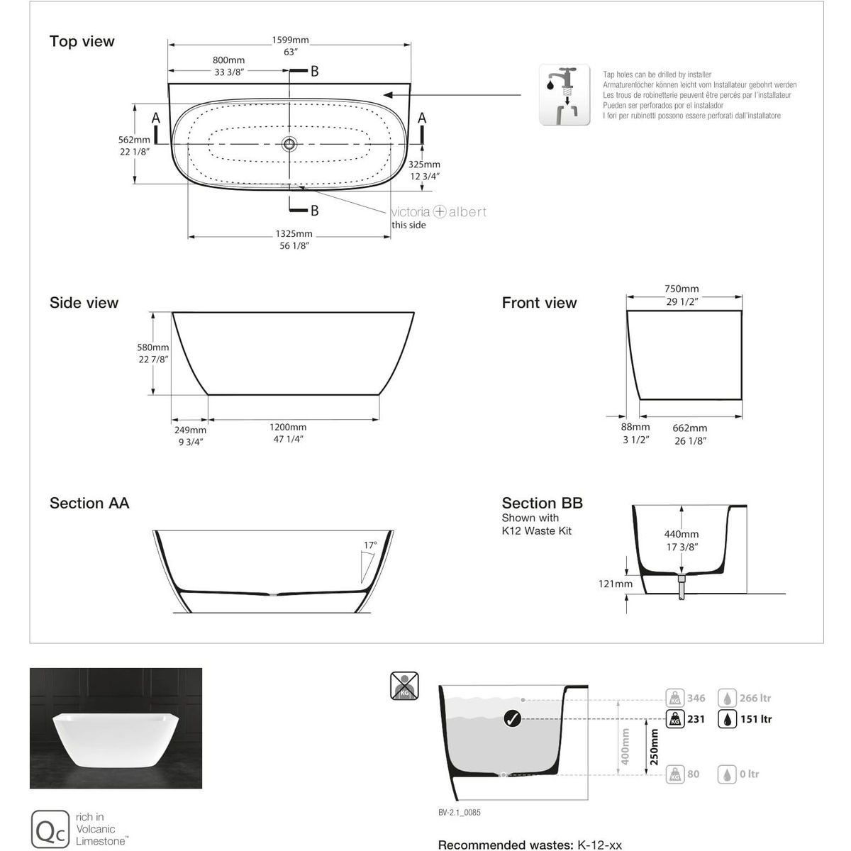 Victoria + Albert Lussari 1600 Back to Wall Bath, Matte White