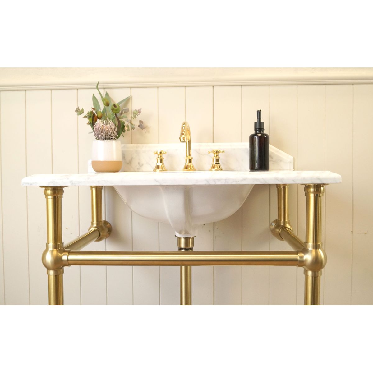 Mayer Brushed Brass Basin Stand With 75X55 Marble Top - 1 Taphole