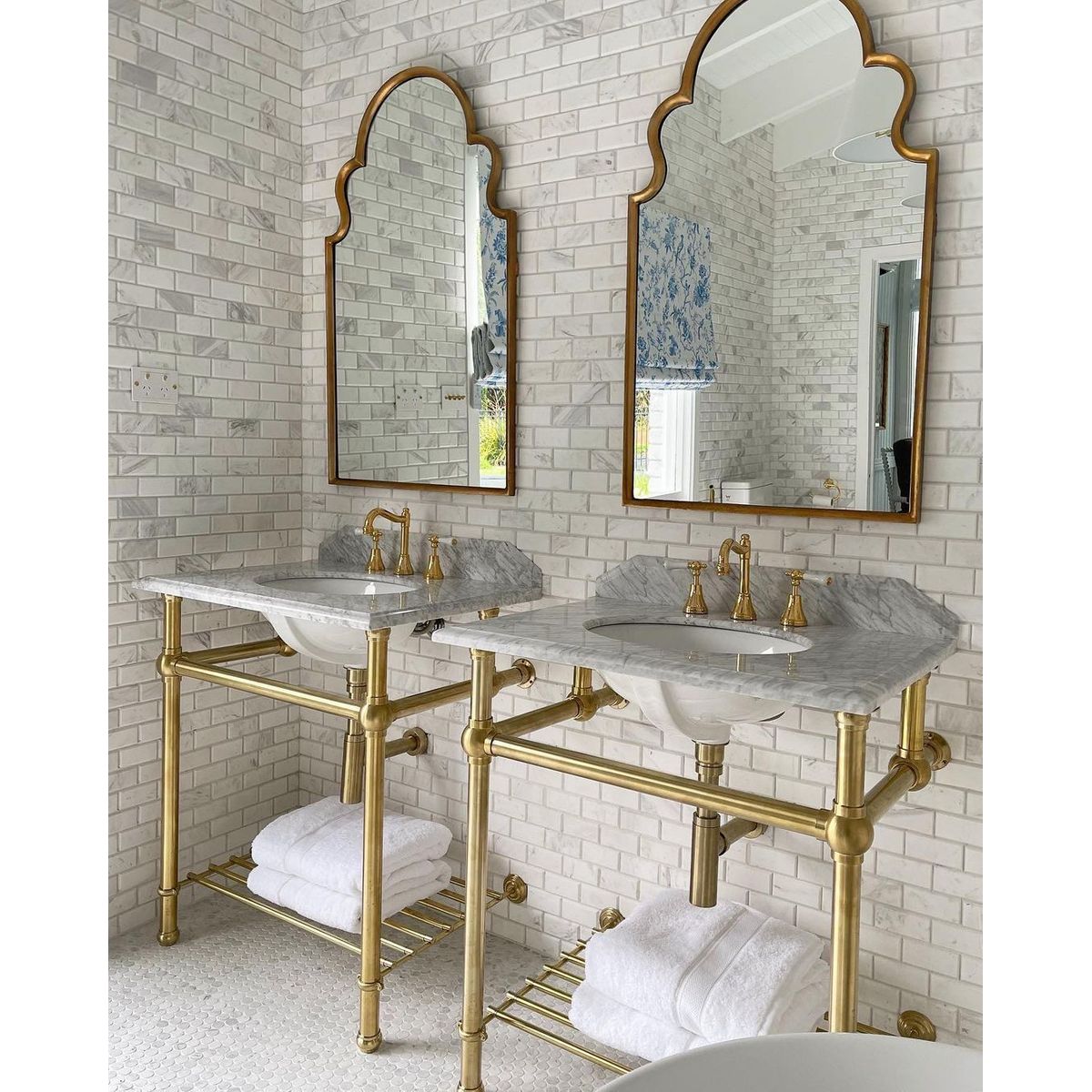 Mayer Brushed Brass Basin Stand With 75X55 Marble Top - 3 Taphole