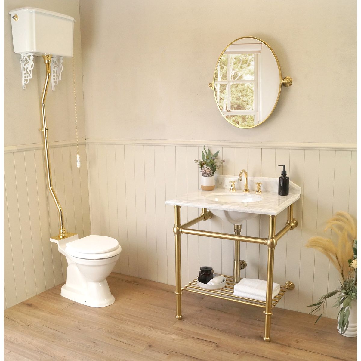 Mayer Brushed Brass Basin Stand With 75X55 Marble Top - 3 Taphole