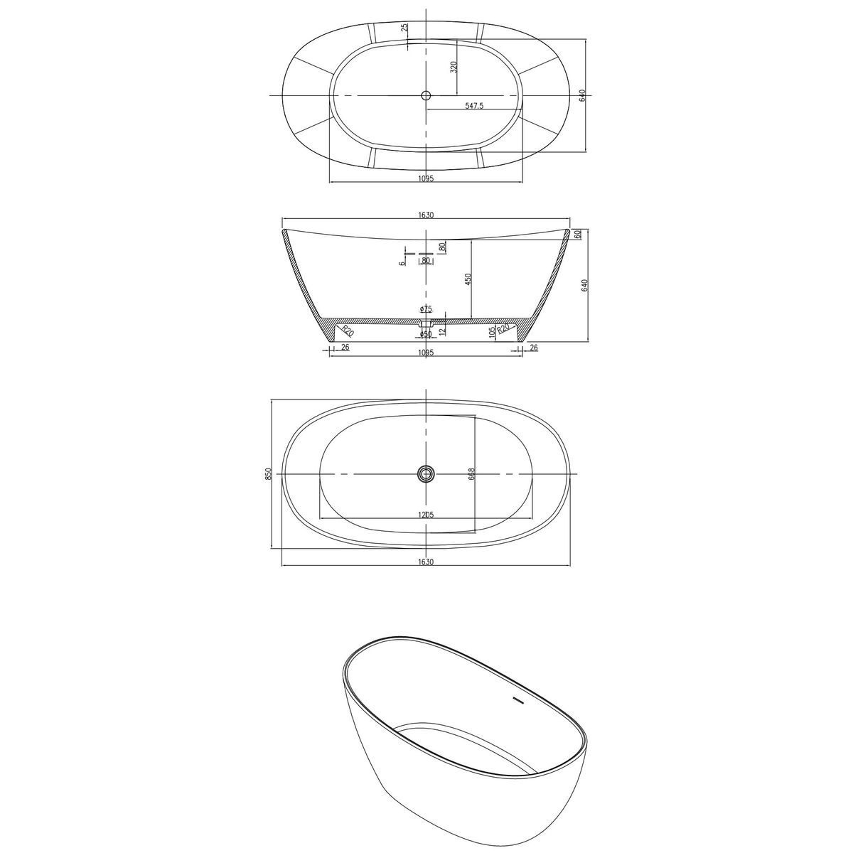 Maria 1630mm Freestanding Bathtub