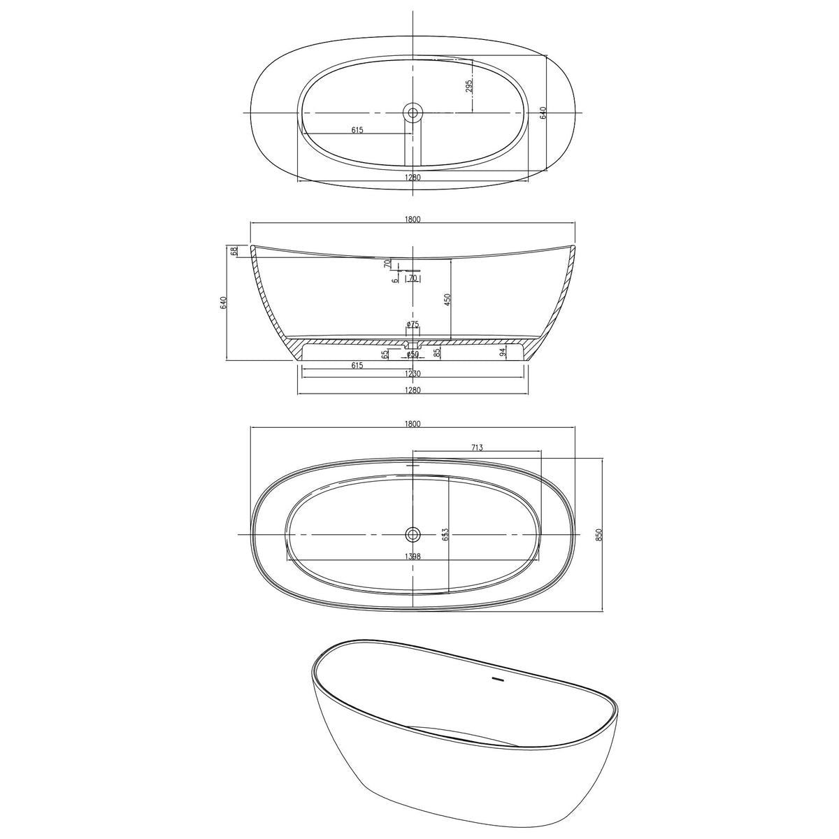 Maria 1800mm Freestanding Bathtub - Matte White
