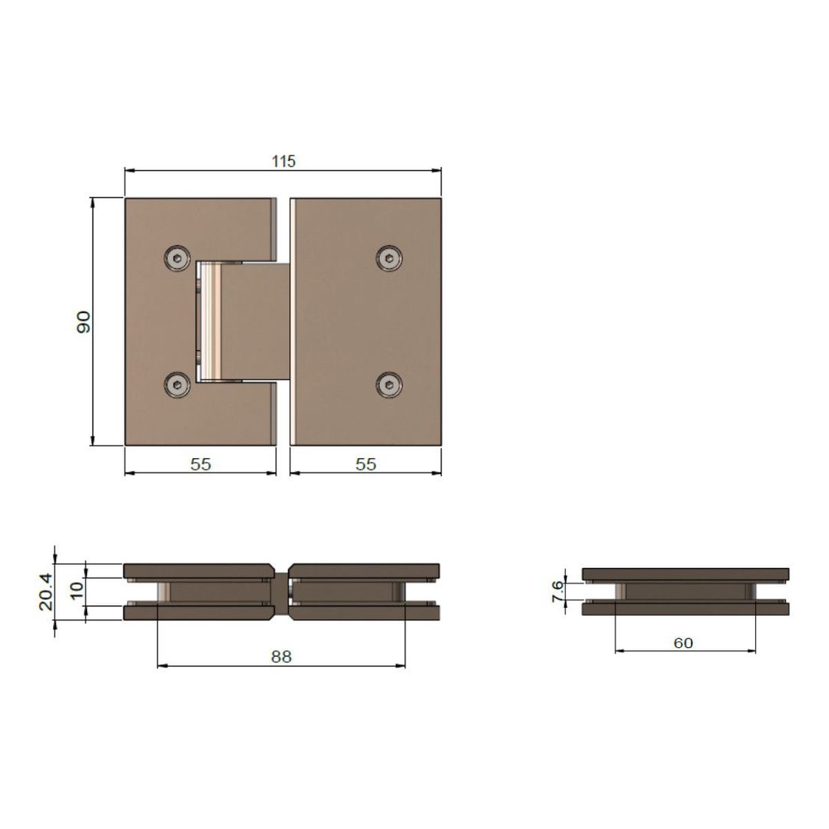 Glass to Glass Shower Door Hinge, Lustre Bronze