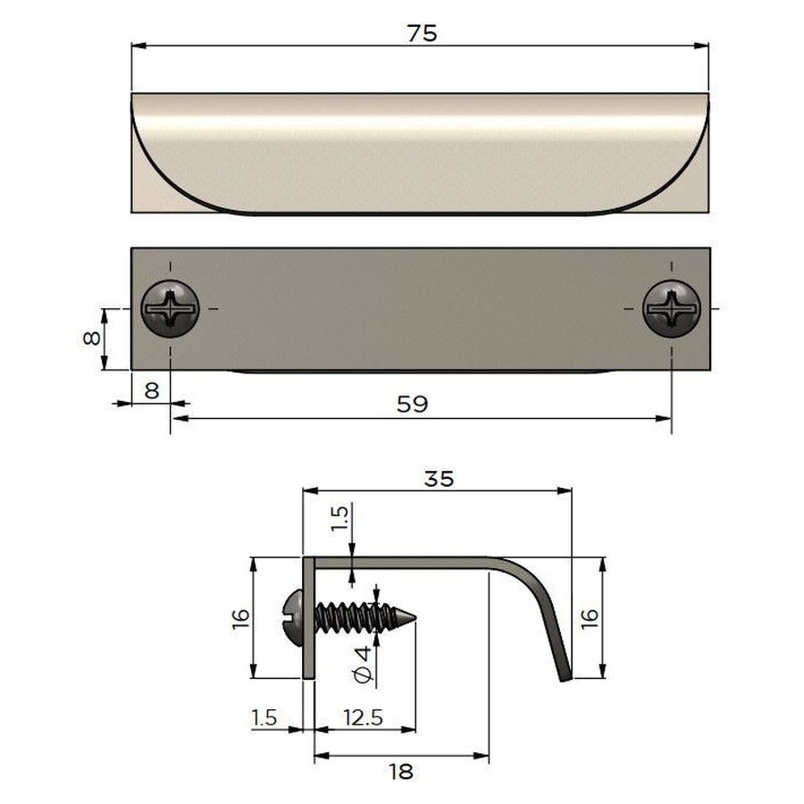 Öppen Edge-Pull 75mm Cabinet Handle (Brushed), Brushed Nickel